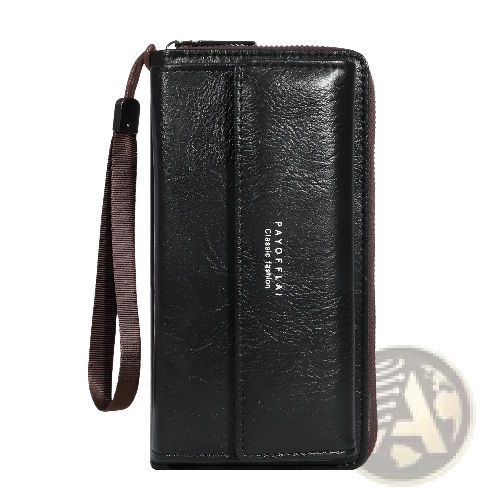 Men’s pu leather long wallet in black with brown wrist strap and payoff branding visible on front side