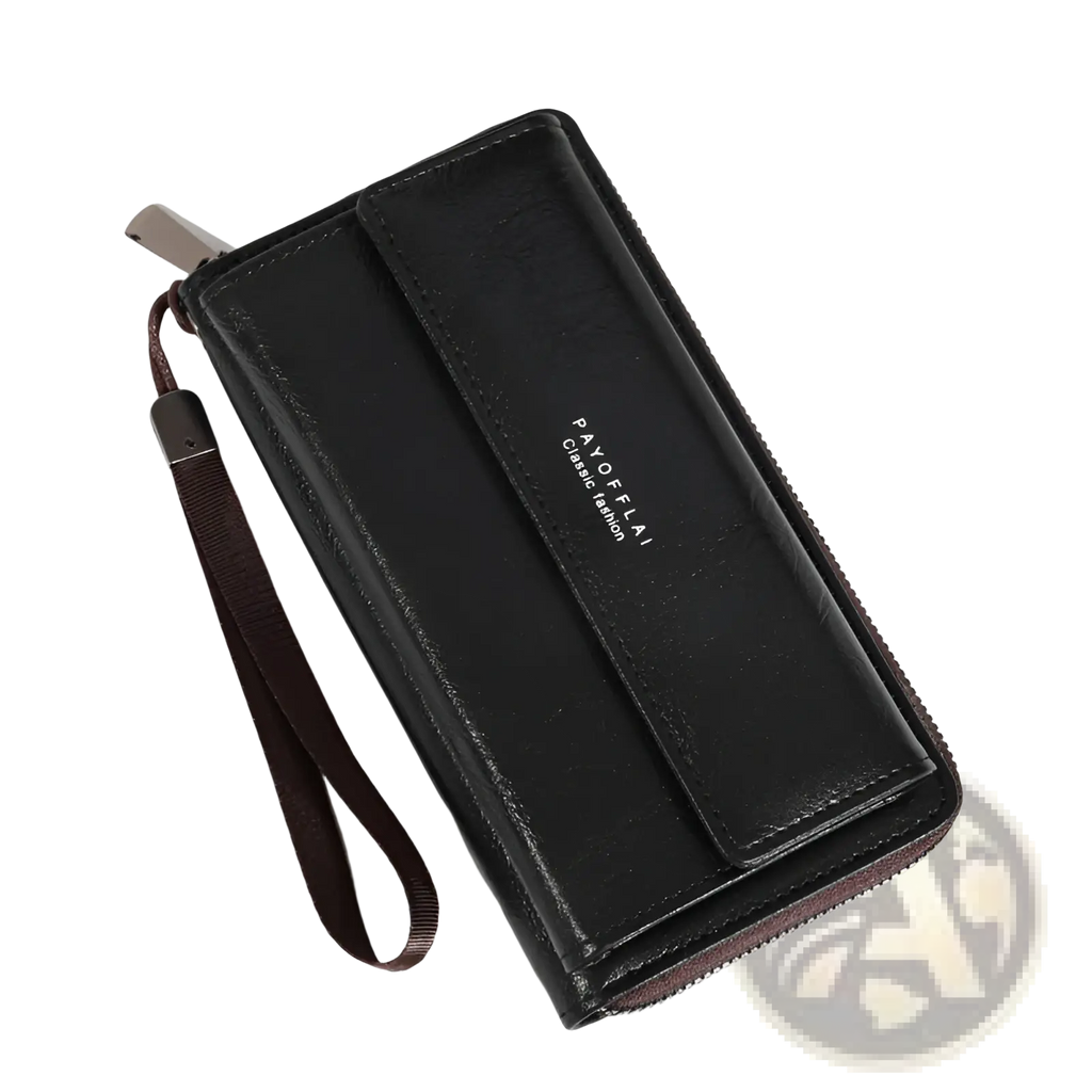 Black leather men’s PU long wallet with brown wrist strap silver zipper pull and payoflai classic fashion branding