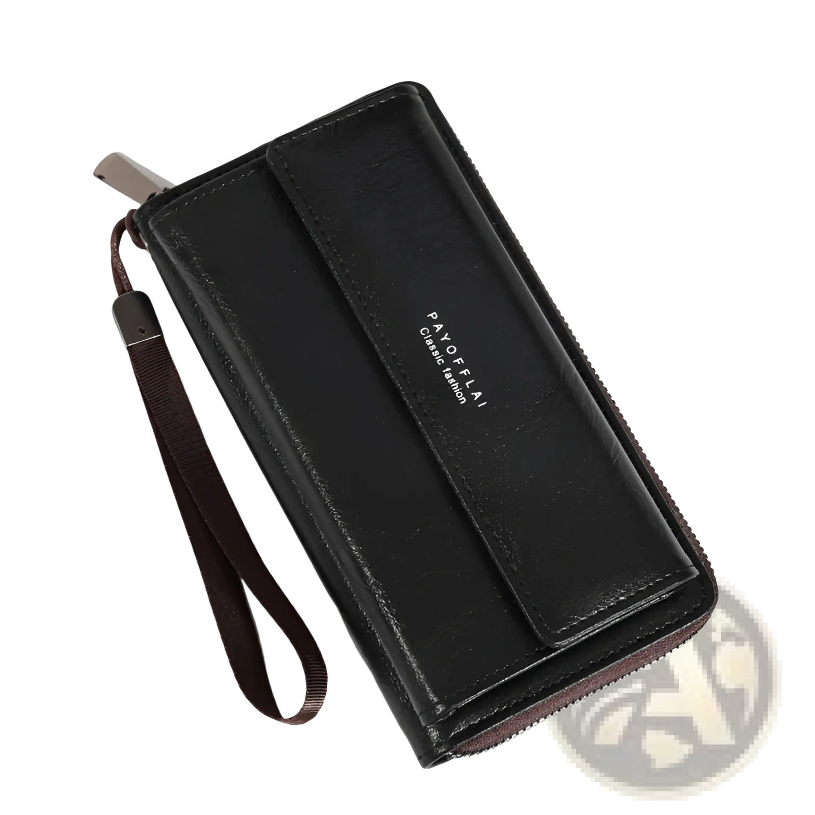 Black leather men’s PU long wallet with brown wrist strap silver zipper pull and payoflai classic fashion branding