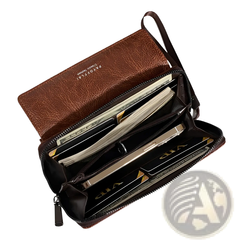 Men’s brown pu leather long wallet with multiple compartments and wrist strap for secure carrying