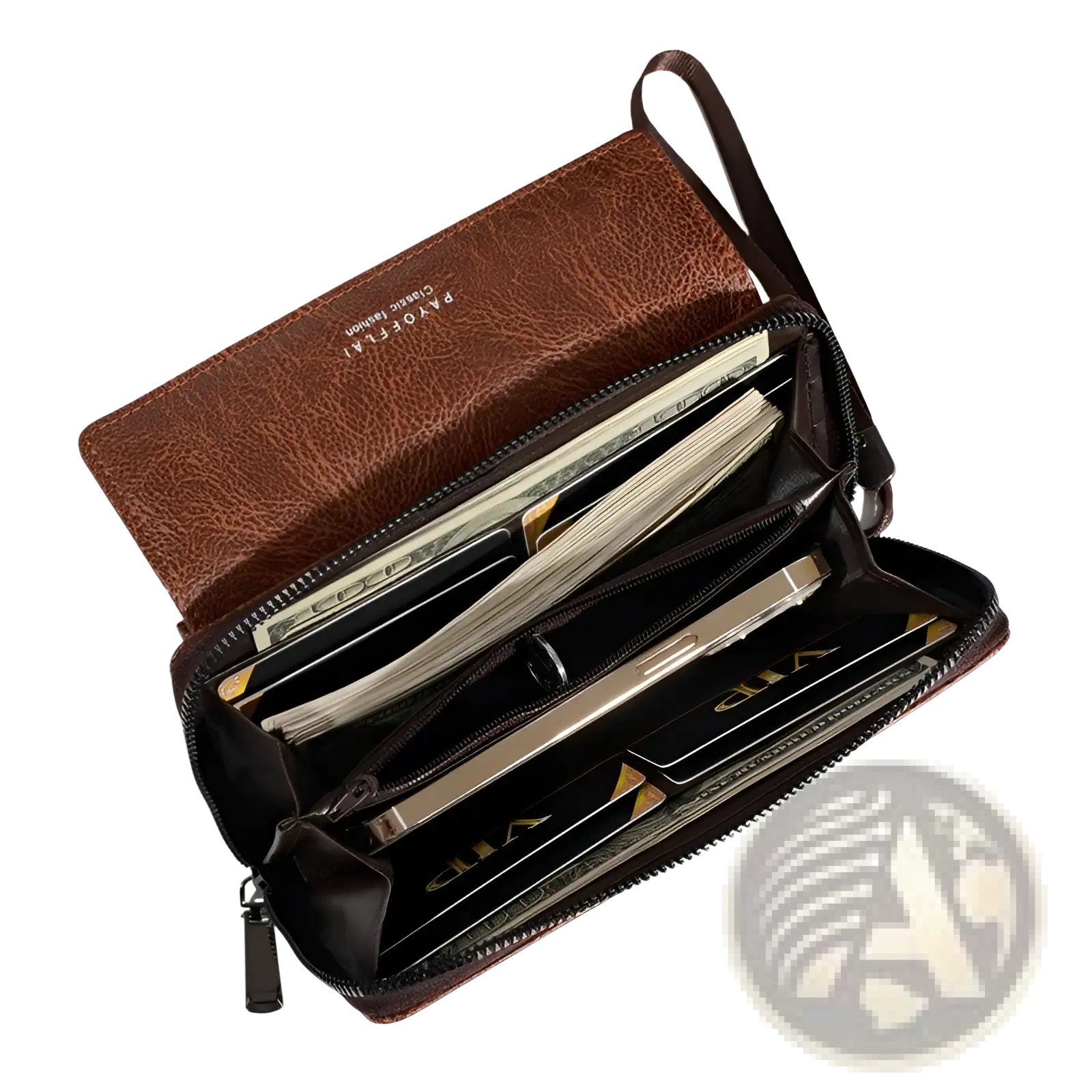 Men’s brown pu leather long wallet with multiple compartments and wrist strap for secure carrying