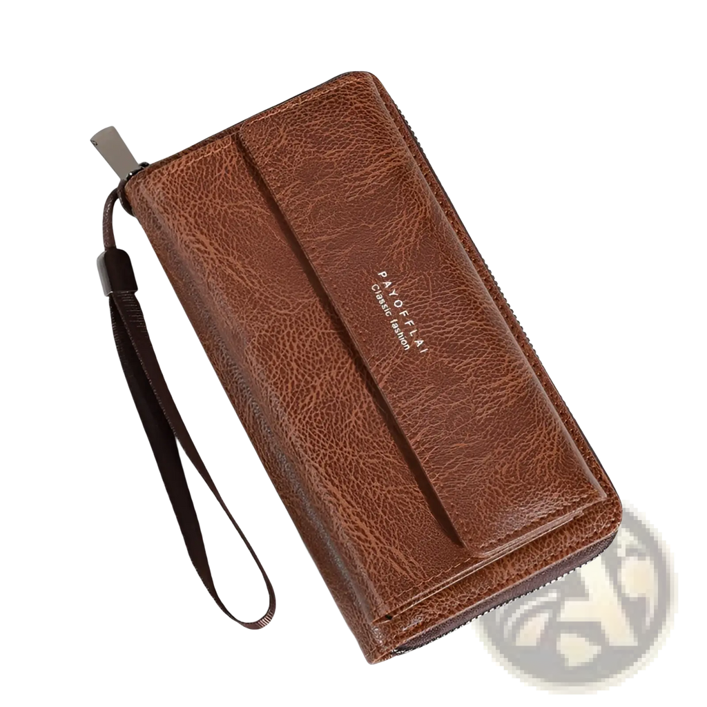 Men’s brown pu leather long wallet with textured surface zipper closure and attached wrist strap for easy carrying