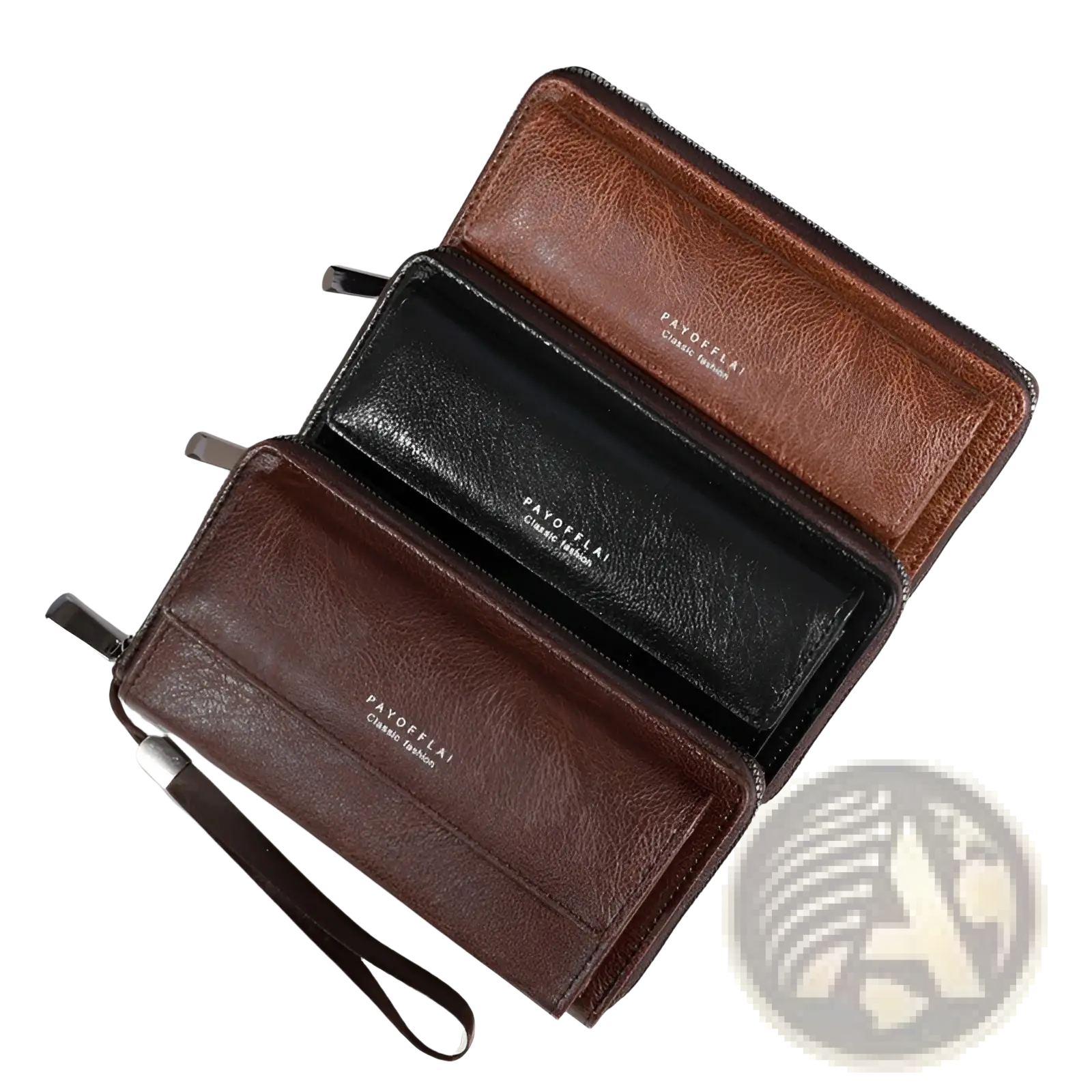 Men s pu leather long wallets in brown and black with zipper closure and embossed branding with wrist strap