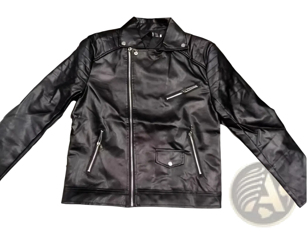 Men’s black pu leather punk stand collar biker jacket with silver zippers and snap-button collar