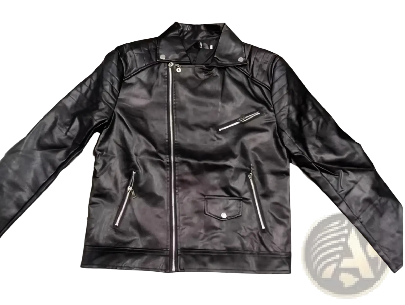 Men’s black pu leather punk stand collar biker jacket with silver zippers and snap-button collar