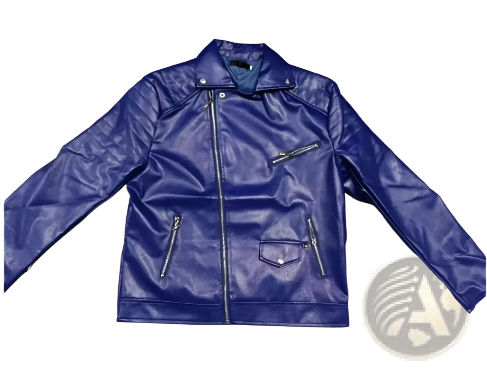 Men’s pu leather punk stand collar biker jacket in vibrant royal blue faux leather with silver zippers and classic collar