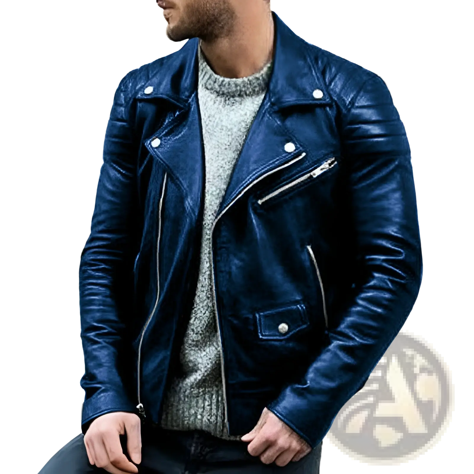 Men’s pu leather punk stand collar biker jacket in sleek navy blue with silver zippers and snap buttons