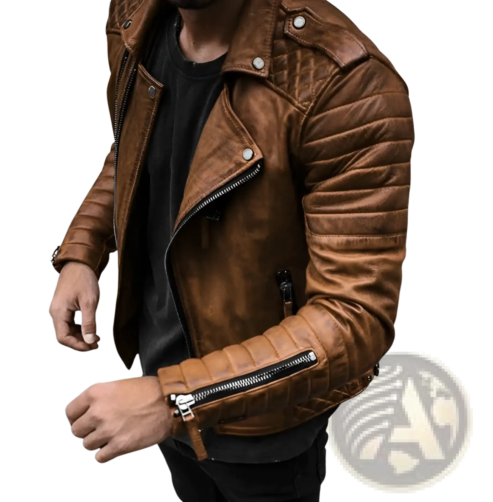 Men’s rich brown pu leather punk stand collar biker jacket with quilted panels and silver-toned zippers