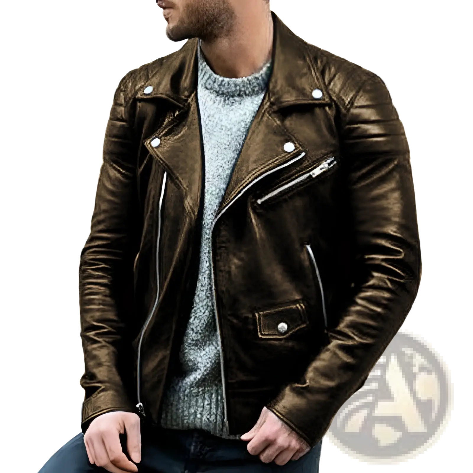 Men’s brown pu leather punk stand collar biker jacket with silver zippers and snap buttons