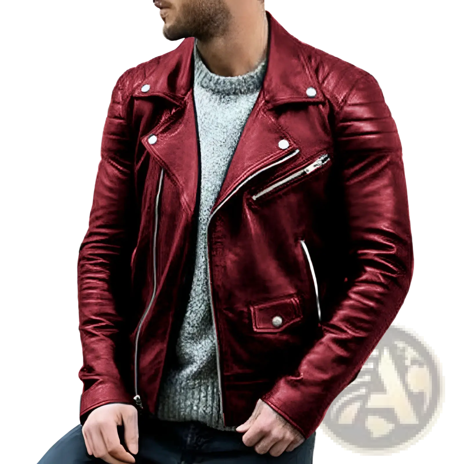 Men’s pu leather punk biker jacket in rich burgundy with silver zippers and snap buttons featuring a stand collar