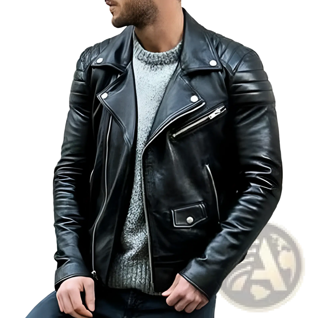 Men’s pu leather punk stand collar biker jacket in black with silver zippers and snap buttons