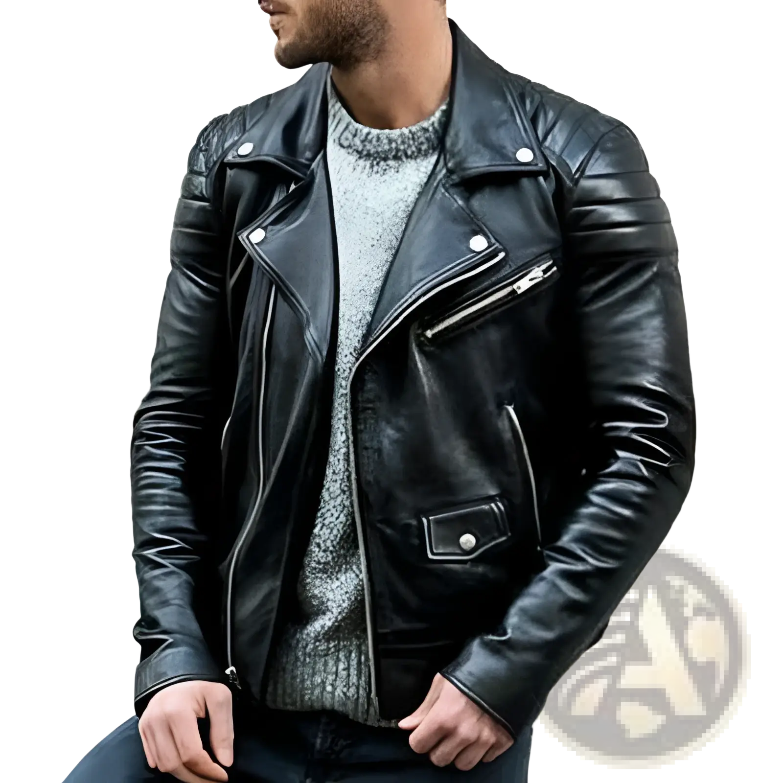 Men’s pu leather punk stand collar biker jacket in black with silver zippers and snap buttons
