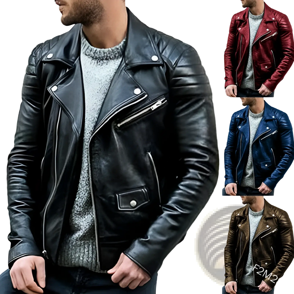 Men’s pu leather punk stand collar black biker jacket with silver zippers and snap buttons for a stylish look