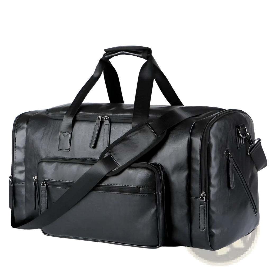 Black leather men’s pu leather travel duffel bag with multiple zippered compartments and detachable shoulder strap
