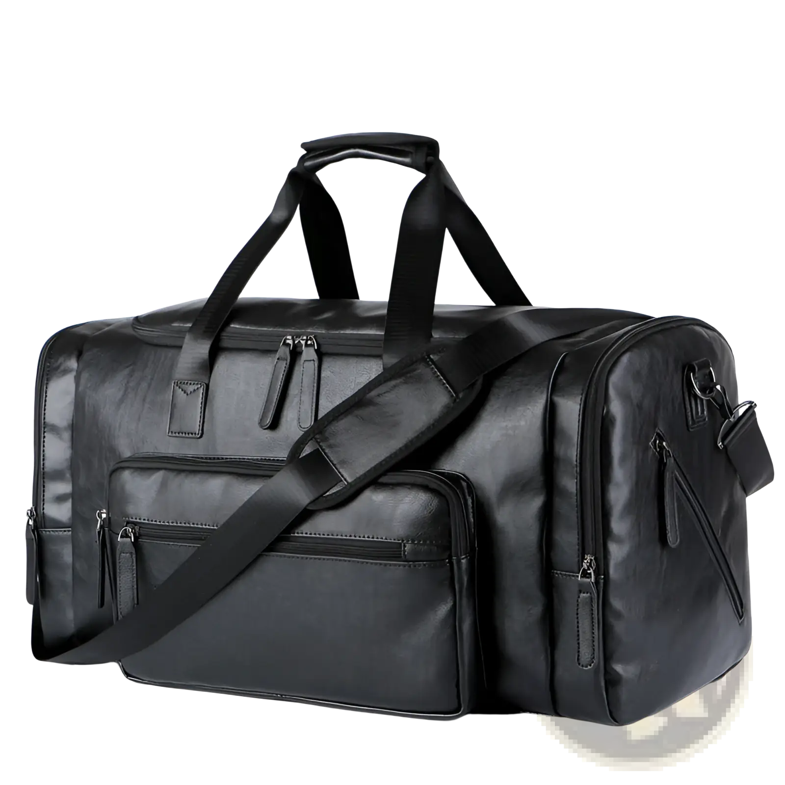 Black leather men’s pu leather travel duffel bag with multiple zippered compartments and detachable shoulder strap