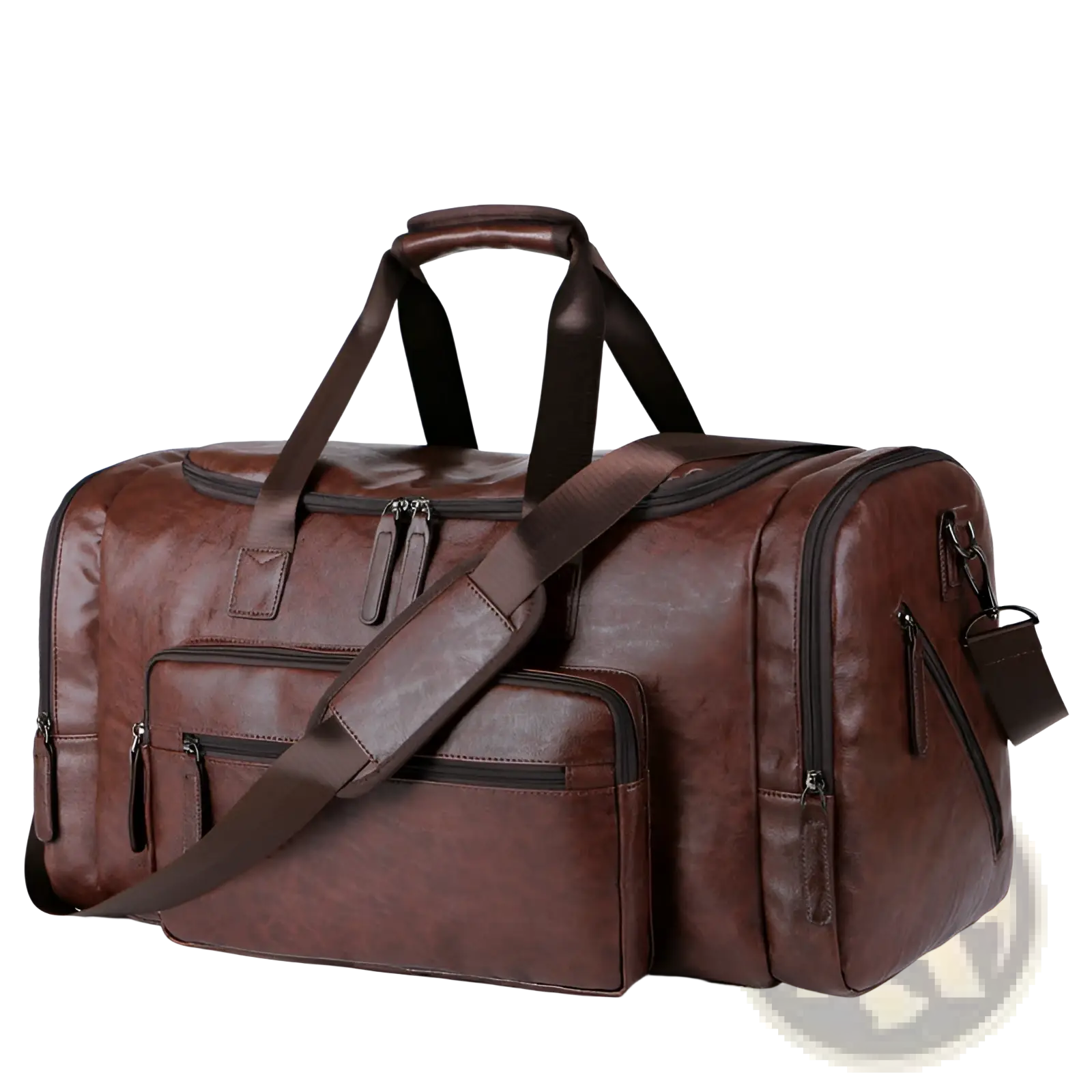 Brown pu leather men’s travel duffel bag with multiple zippers and detachable shoulder strap 20-35l capacity