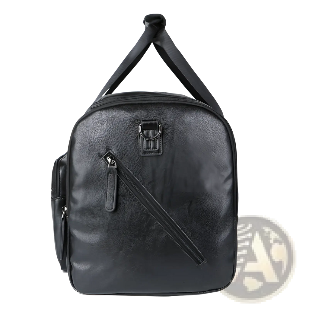 Black pu leather men’s travel duffel bag with top handle and front zipper pocket 20 to 35 liter capacity