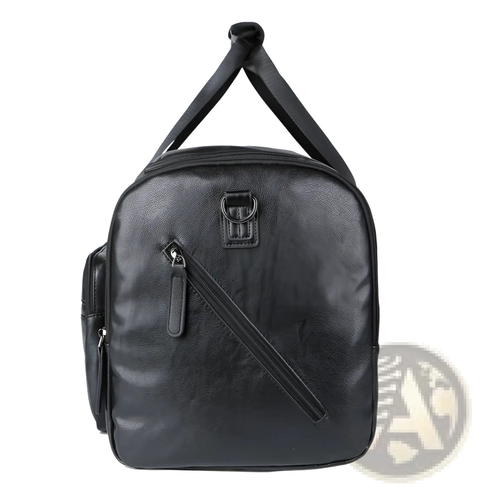 Black pu leather men’s travel duffel bag with top handle and front zipper pocket 20 to 35 liter capacity