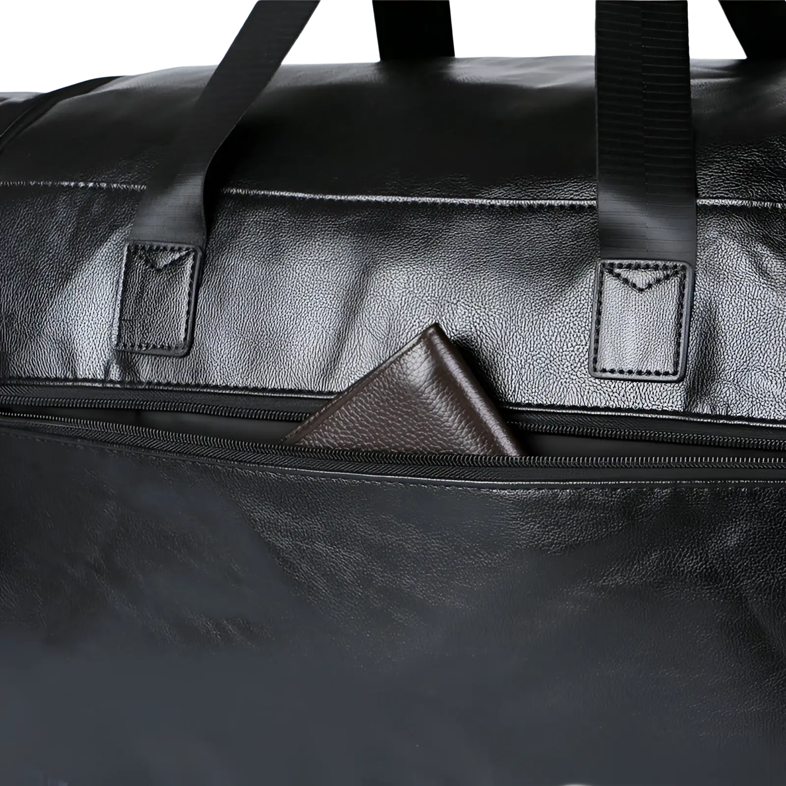 Black leather men’s pu leather travel duffel bag with sturdy handles and visible zipper pocket holding brown wallet