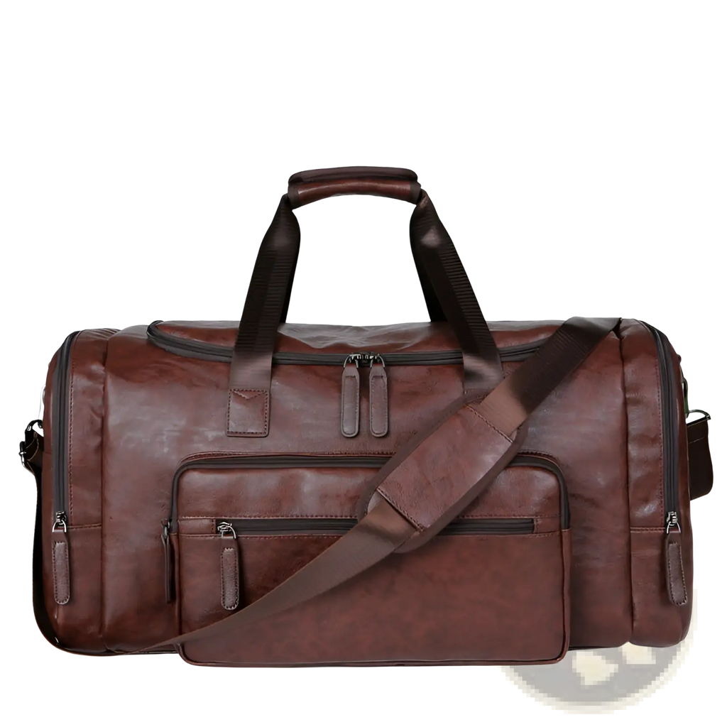 Men’s brown pu leather travel duffel bag with multiple zippered compartments and detachable shoulder strap 20-35l capacity