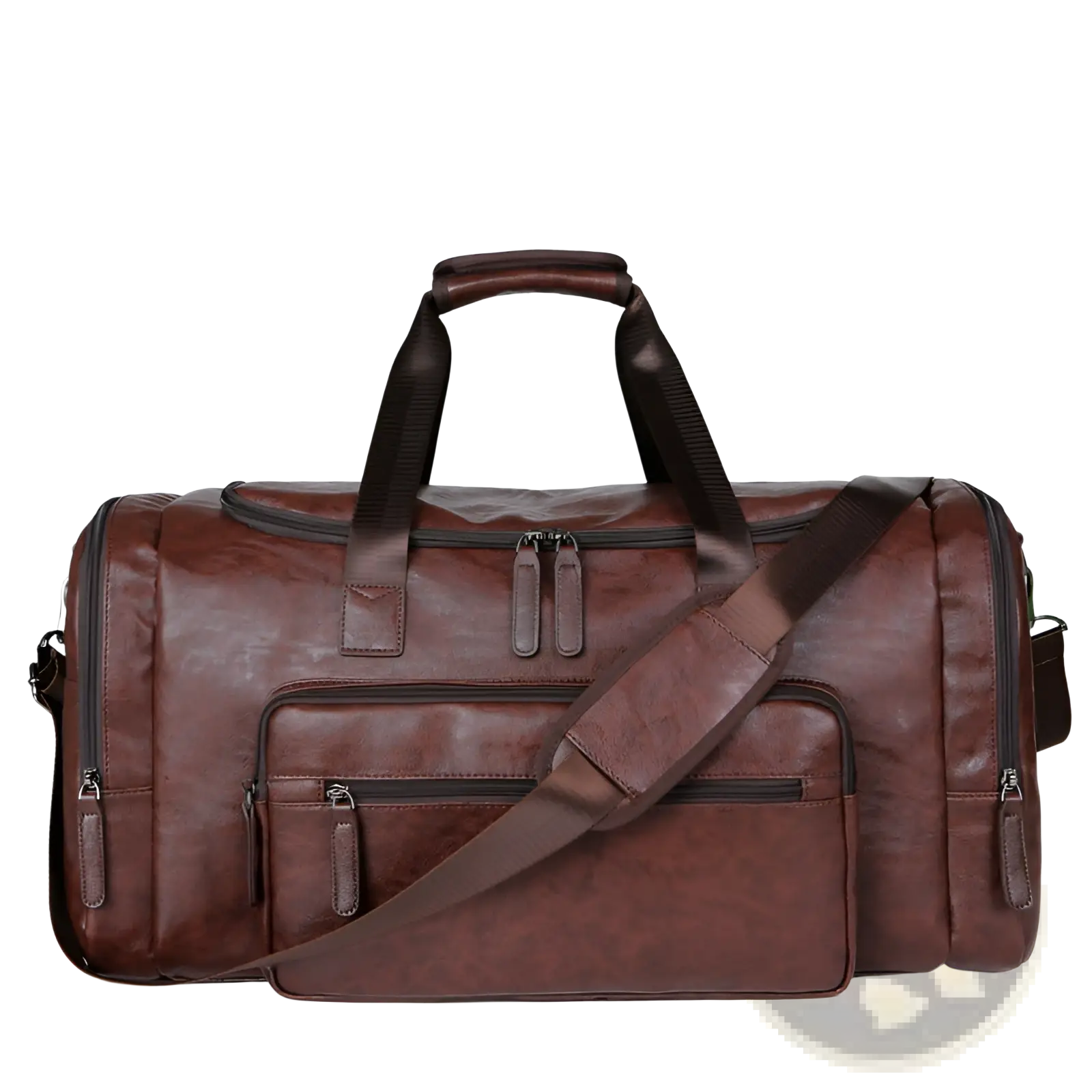Men’s brown pu leather travel duffel bag with multiple zippered compartments and detachable shoulder strap 20-35l capacity