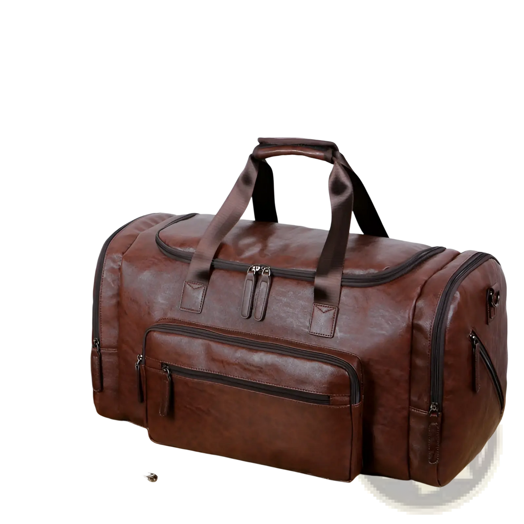 Men’s brown pu leather travel duffel bag with multiple zippers and sturdy handles 20-35l capacity