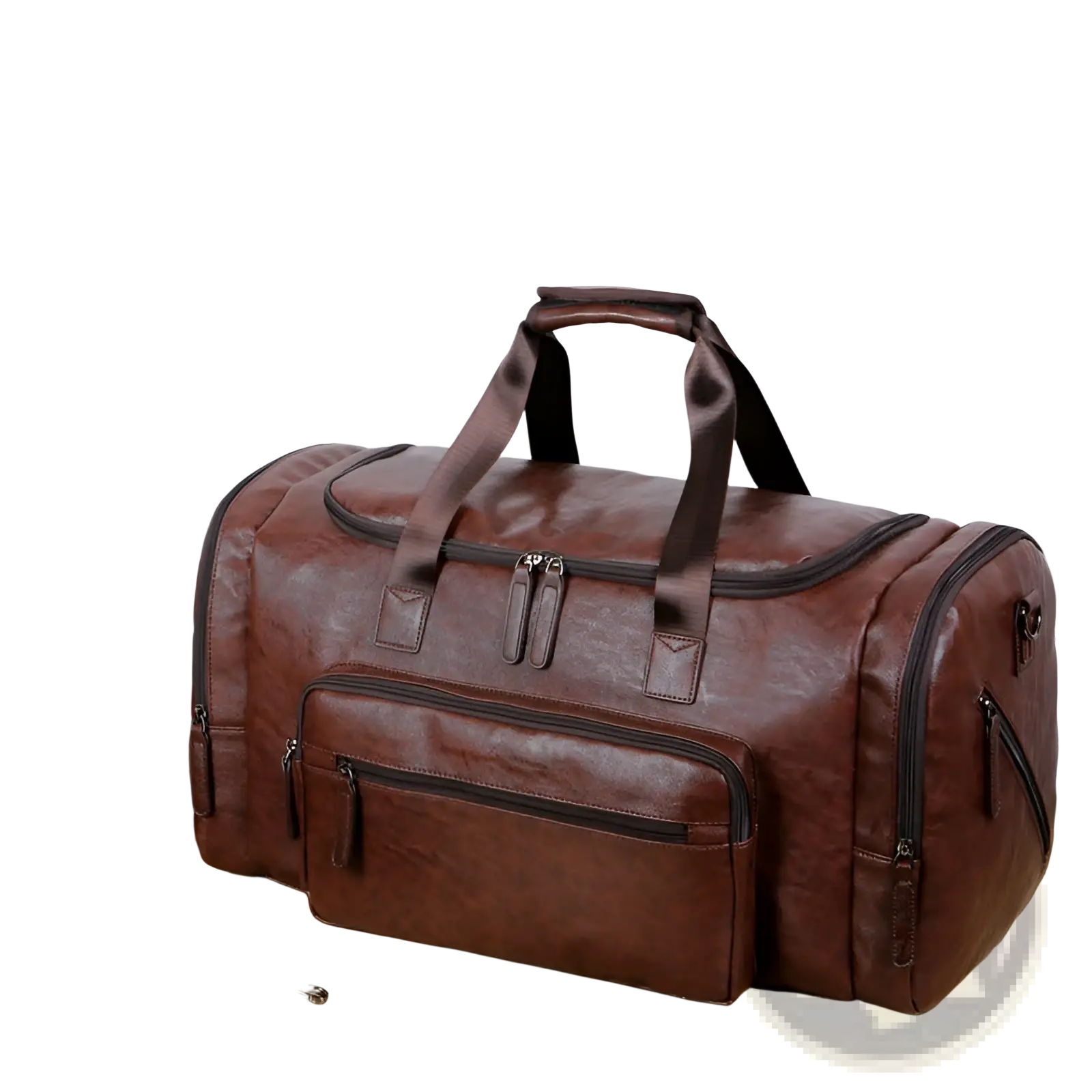 Men’s brown pu leather travel duffel bag with multiple zippers and sturdy handles 20-35l capacity