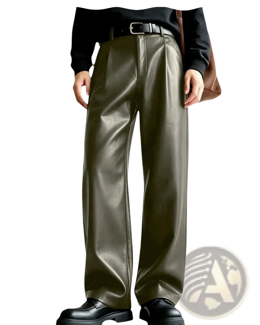 Men’s olive green pu leather wide leg trousers with sleek glossy finish and classic pleated front design