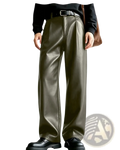 Men’s olive green pu leather wide leg trousers with sleek glossy finish and classic pleated front design