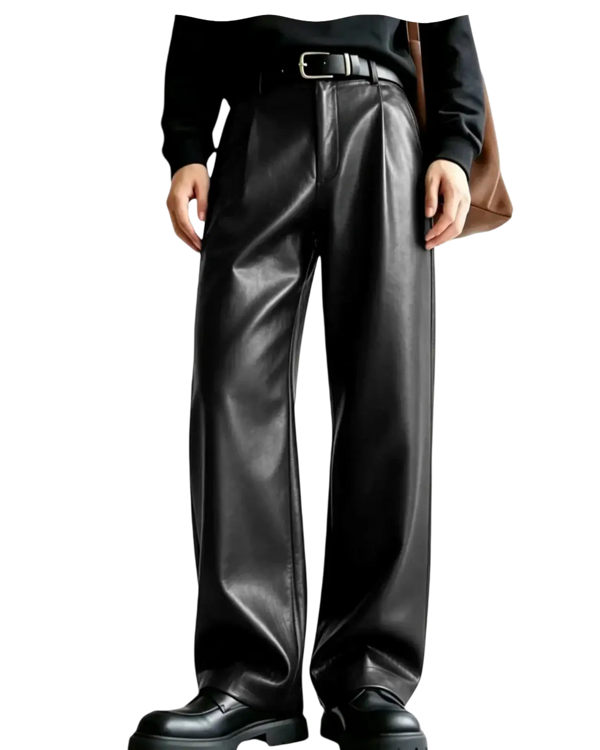 Men’s pu leather wide leg trousers in black with a high-waisted design and sleek glossy finish