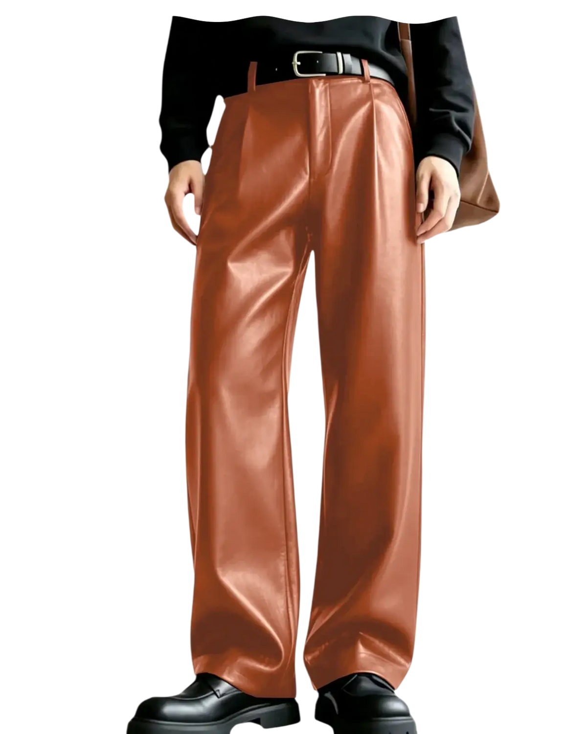Men’s caramel-colored pu leather wide leg trousers with a glossy finish and sleek modern design
