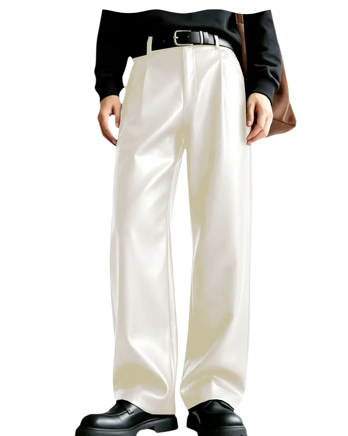 Men’s pu leather wide leg trousers in cream satin with pleated design and black belt for a sleek look