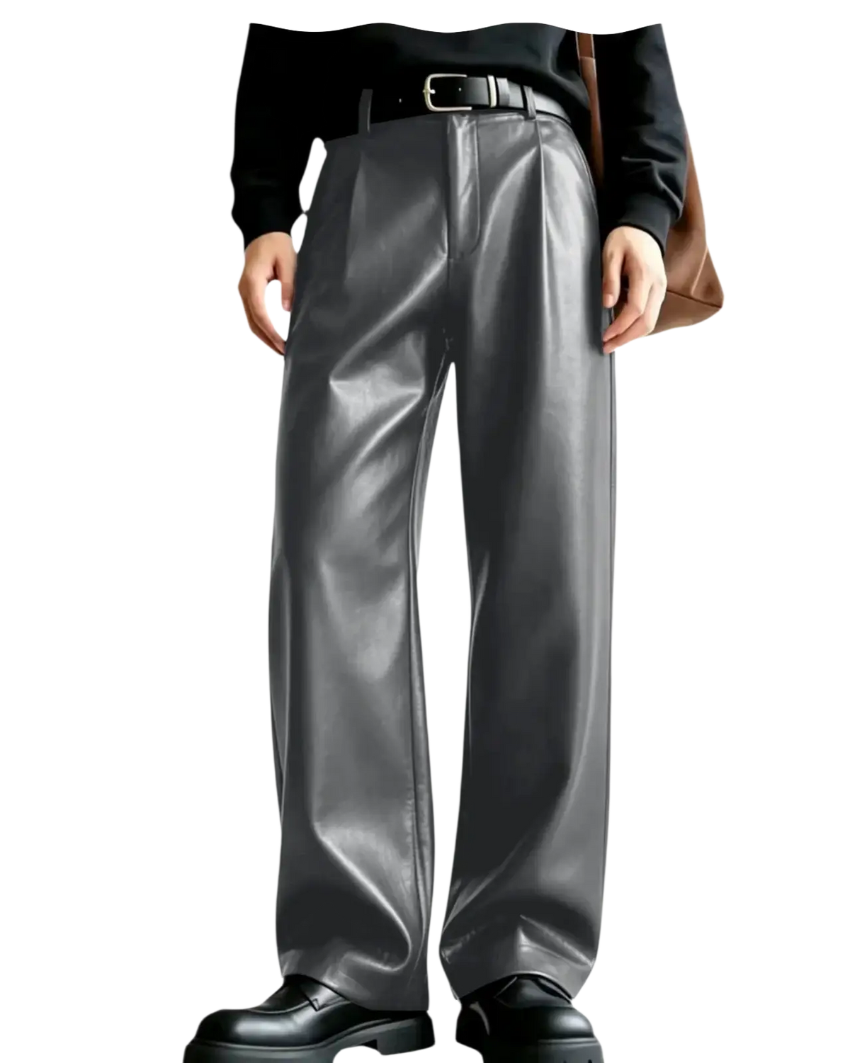 Men’s dark gray pu leather wide-leg trousers with a sleek glossy finish and classic pleated front