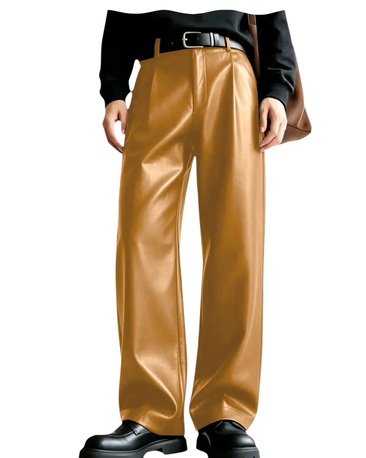 Men’s pu leather wide leg trousers in golden faux leather with sleek glossy finish and classic pleated front detail