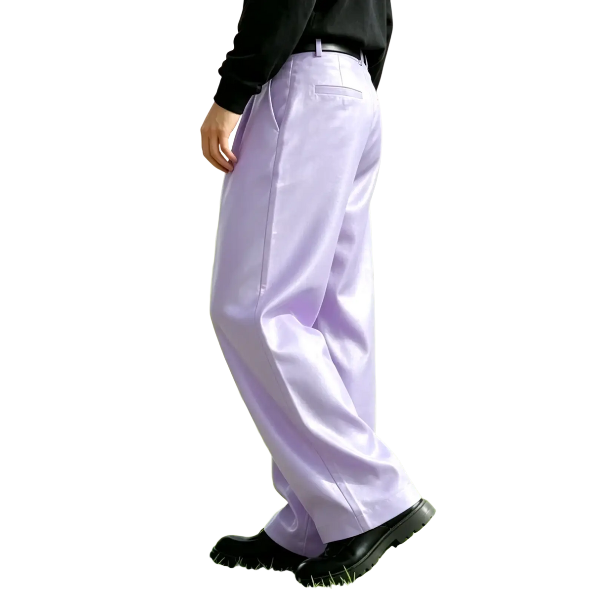 Men’s lavender pu leather wide-leg trousers with smooth glossy fabric and subtle front pockets