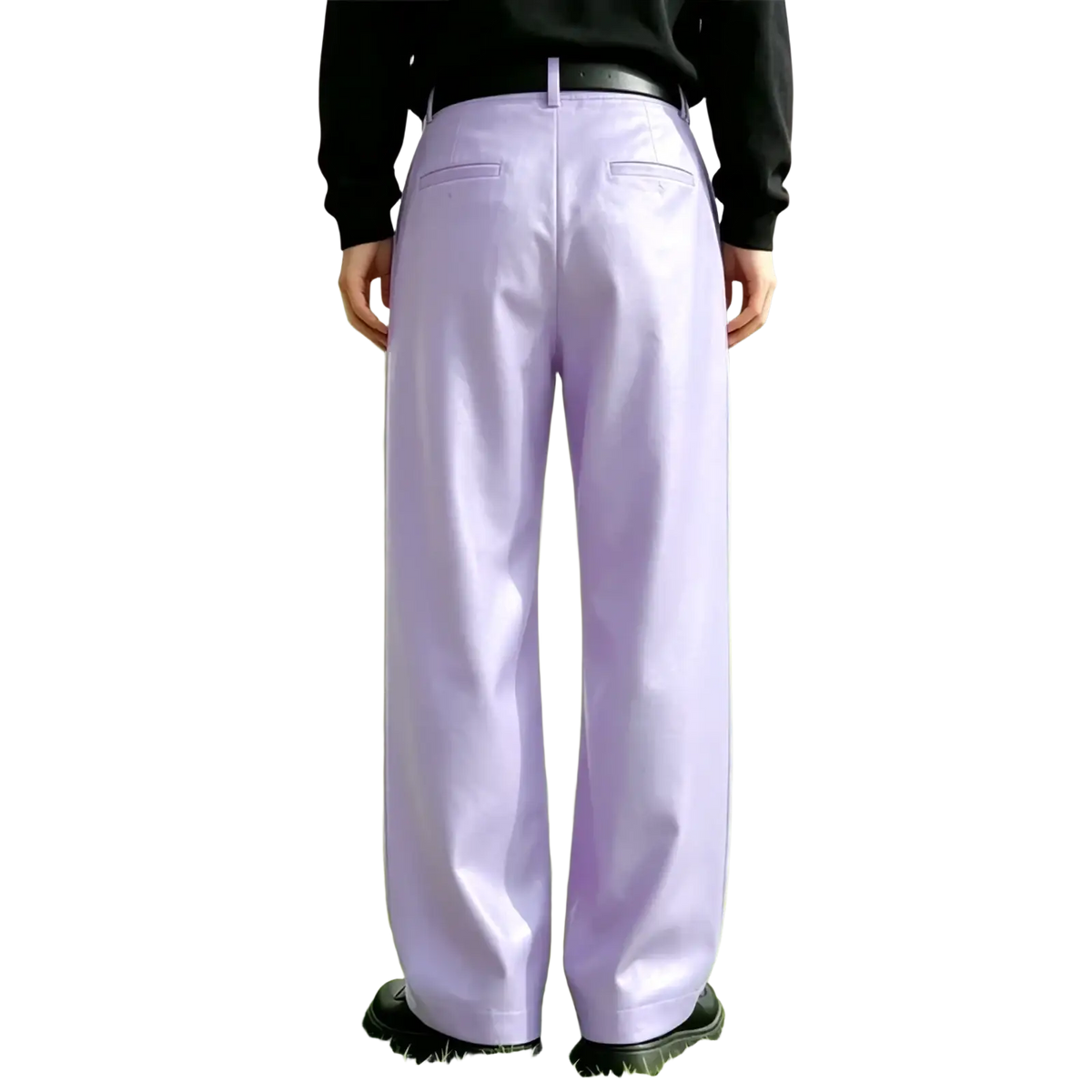 Men’s lavender pu leather wide leg trousers with a sleek tailored fit and subtle creases for a modern look