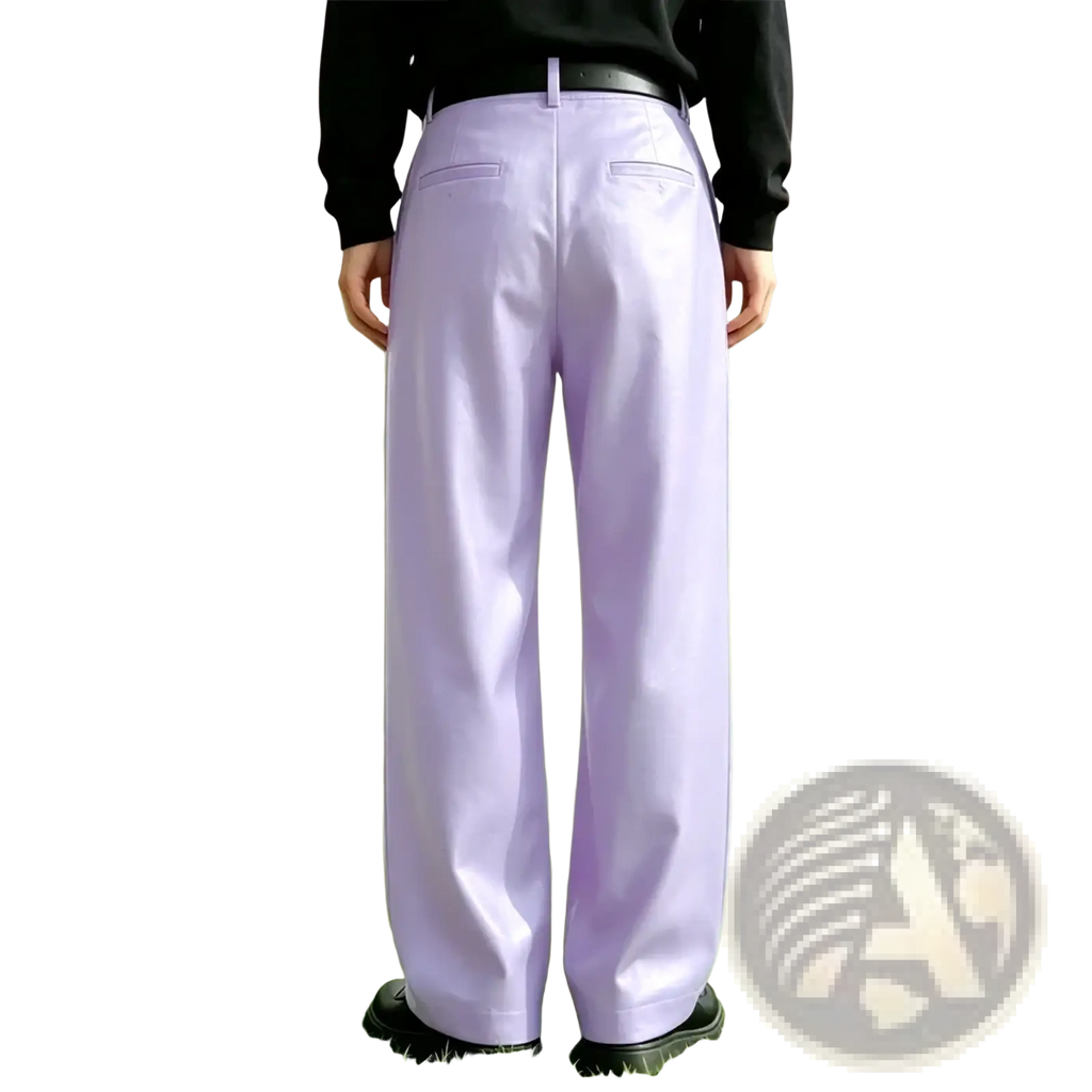 Men’s lavender pu leather wide leg trousers with a sleek tailored fit and subtle creases for a modern look