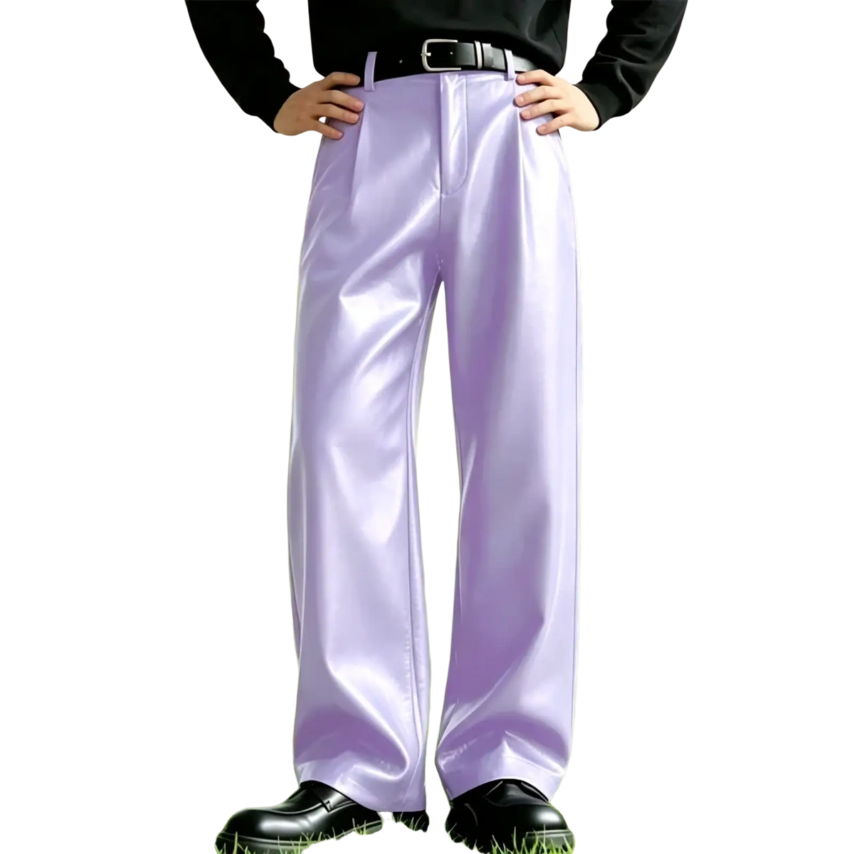 Men’s pu leather wide leg trousers in lavender satin with pleats, glossy finish, and black belt loop detail