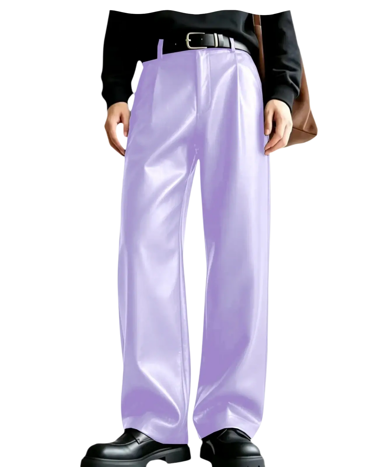 Men’s pu leather wide leg trousers in lavender satin with pleats and a sleek glossy finish in a straight-leg cut