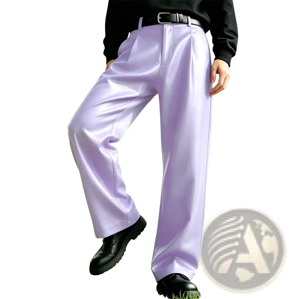 Lavender satin pleated men’s pu leather wide leg trousers showcasing pleated design and wide leg fit