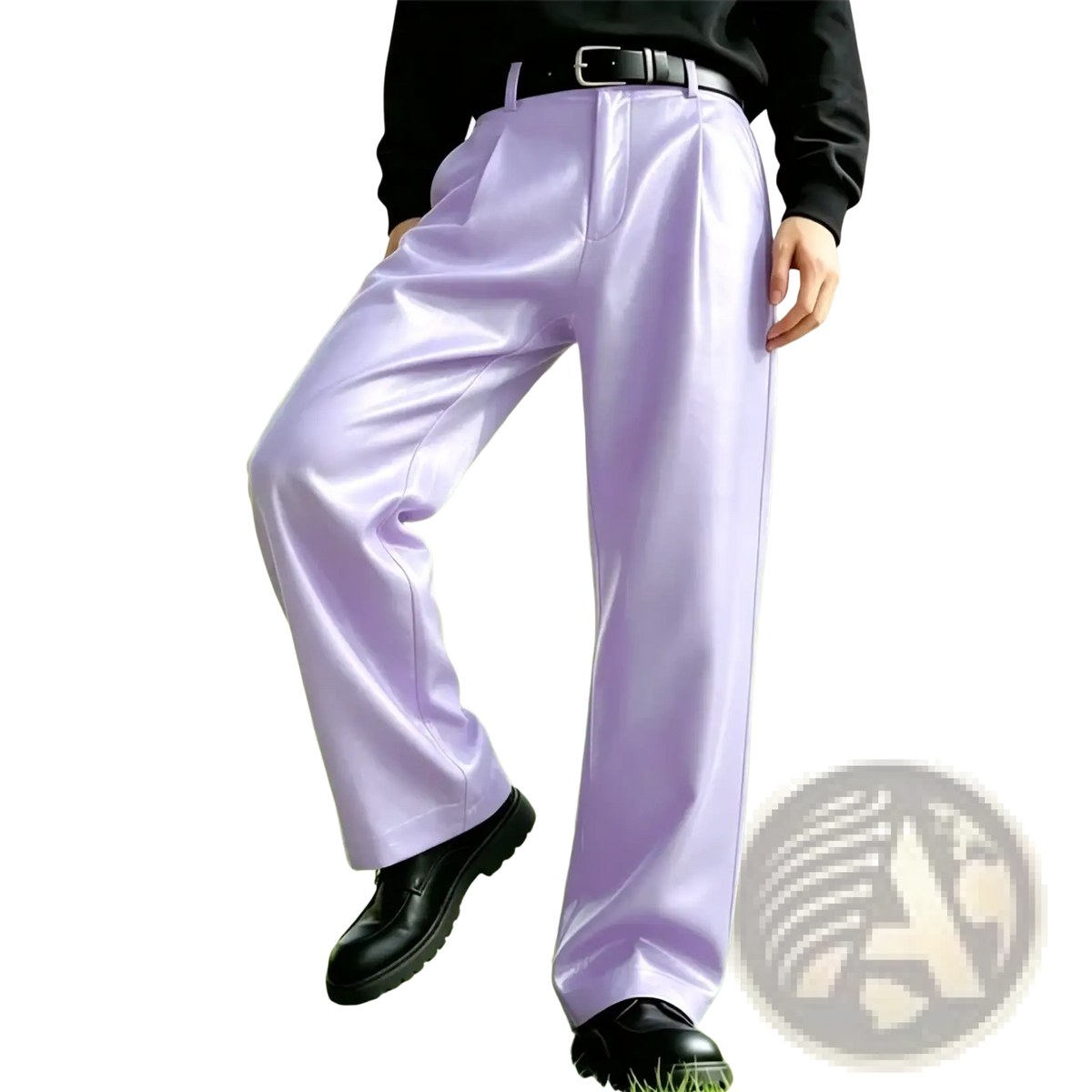 Lavender satin pleated men’s pu leather wide leg trousers showcasing pleated design and wide leg fit