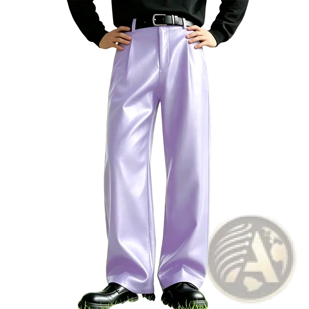 Men’s pu leather wide leg trousers in lavender satin with pleats, glossy finish, and black belt loop detail