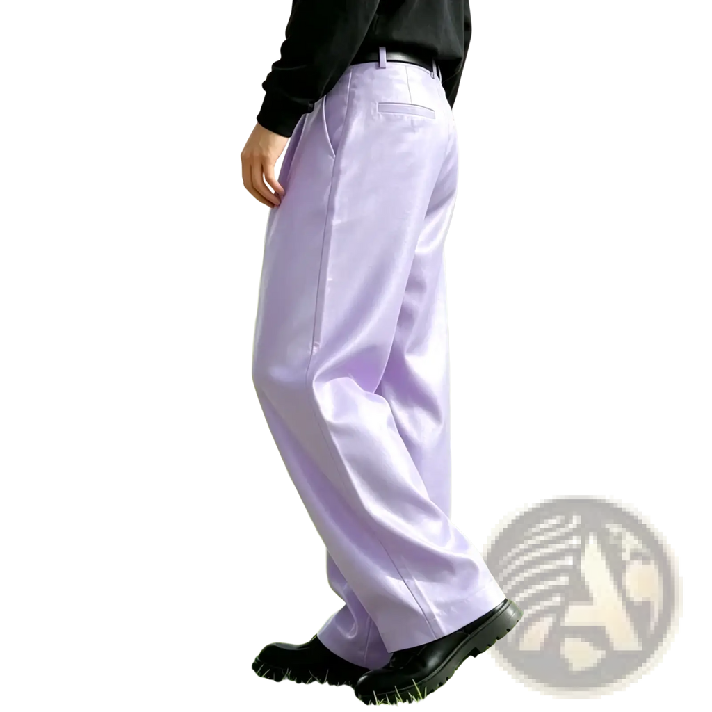 Men’s lavender pu leather wide-leg trousers with smooth glossy fabric and subtle front pockets
