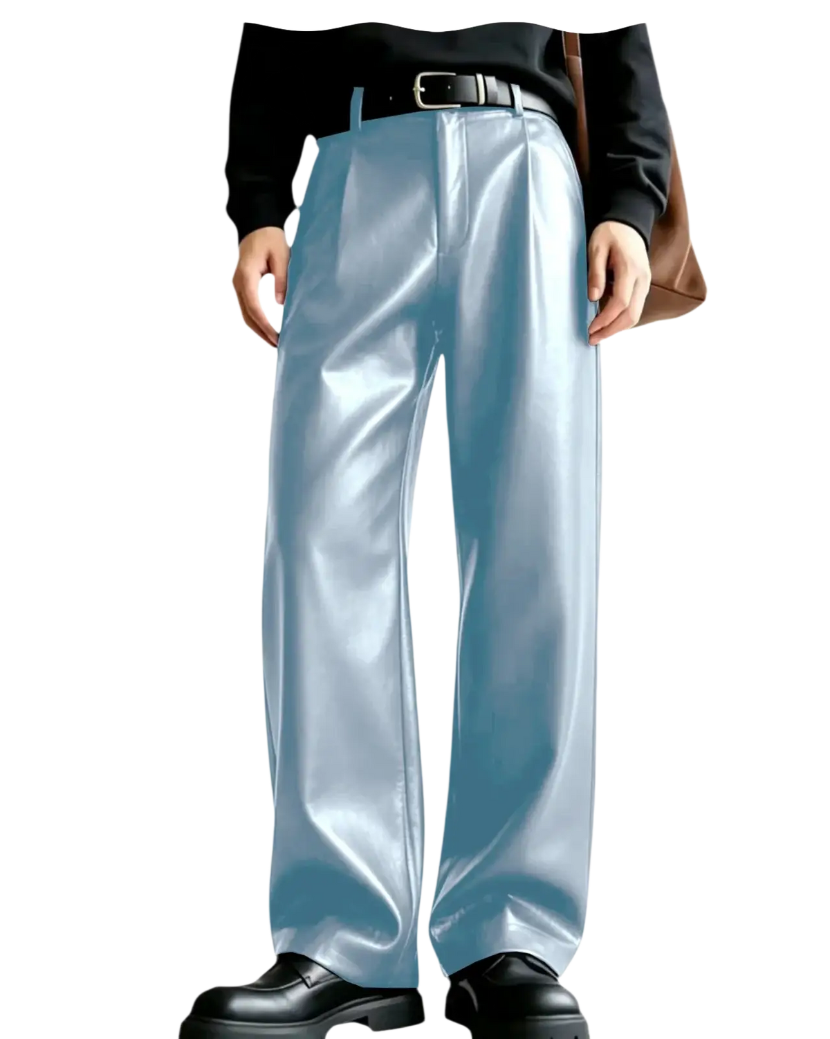 Men’s light blue shiny pu leather wide-leg trousers showcasing sleek and modern faux leather texture