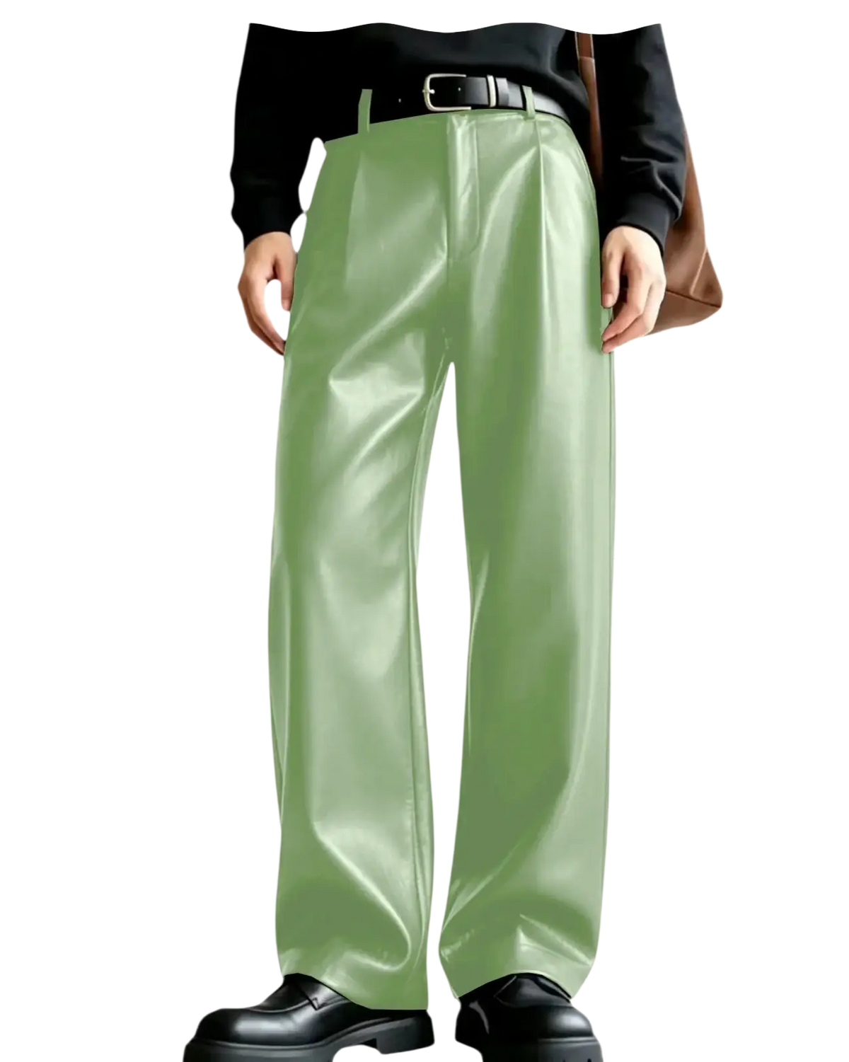 Men’s light green glossy pu leather wide-leg trousers showcasing modern style and comfortable fit