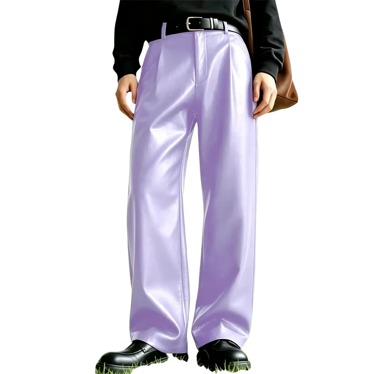 Men’s pu leather wide leg trousers in lustrous lavender with pleated design and sleek modern cut