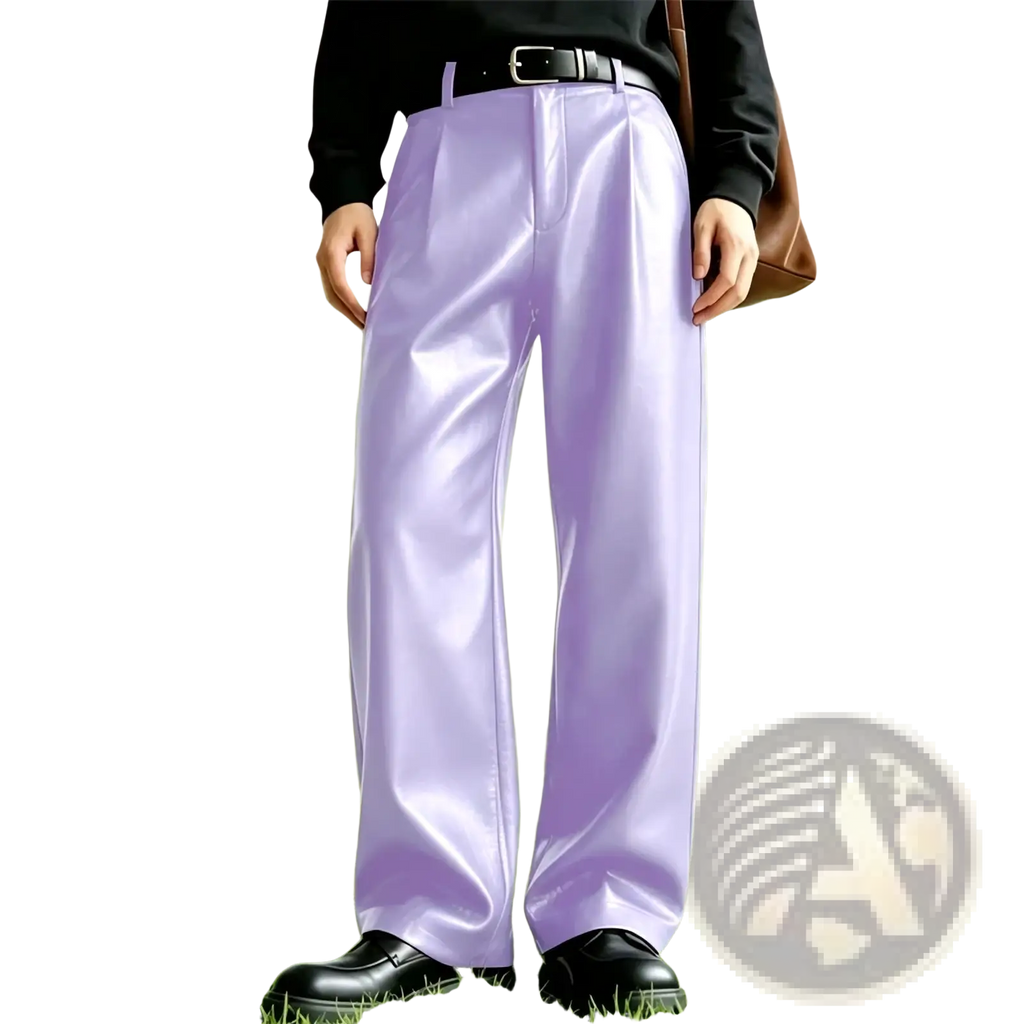 Men’s pu leather wide leg trousers in lustrous lavender with pleated design and sleek modern cut