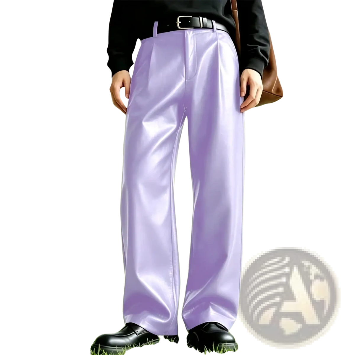 Men’s pu leather wide leg trousers in lustrous lavender with pleated design and sleek modern cut