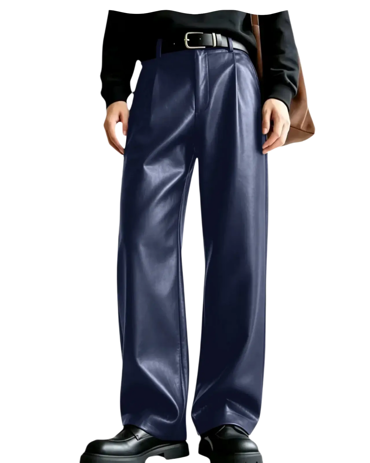 Men’s navy blue pu leather wide leg trousers with pleated front and sleek glossy finish