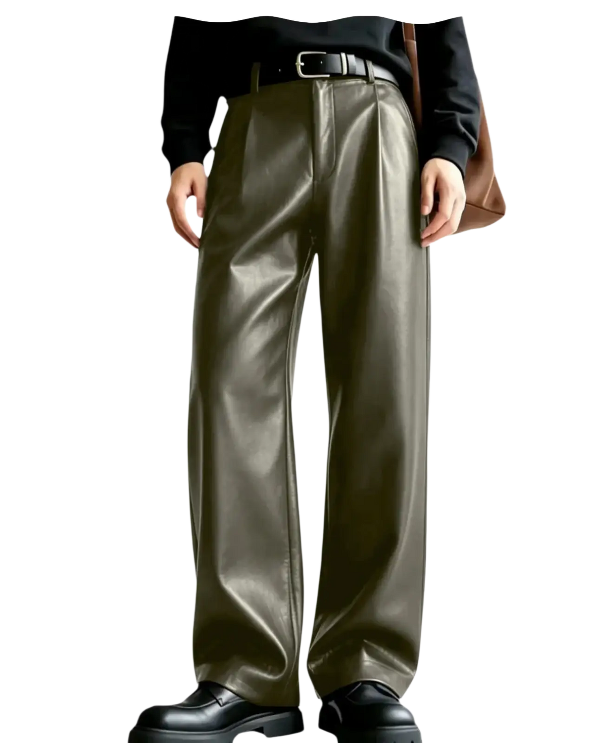 Men’s olive green pu leather wide leg trousers with sleek glossy finish and classic pleated front design
